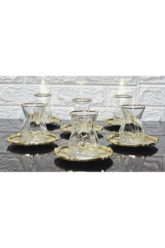 atabey home ALYAKİRAZLI Alya Gerçek Yaldiz Gül Çerçeveli Çay Seti 12 Parça - 6 Tabak 6 Bardak Full Gold
