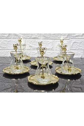 atabey home ALYAKİRAZLI Alya Gerçek Yaldiz Gül Çerçeveli Ve Kaşikli Çay Seti 18 Parça - 6 Tabak 6 Bardak 6 Kaşik Full Gold