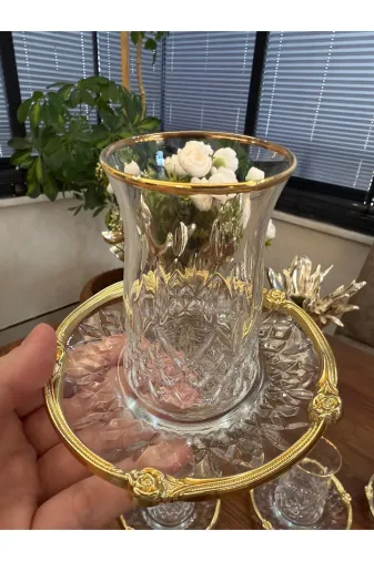 atabey home ALYAKİRAZLI Odin Gerçek Altin Yaldiz Gül Çerçeveli Çay Seti 12 Parça - 6 Tabak 6 Bardak- Çay Takimi