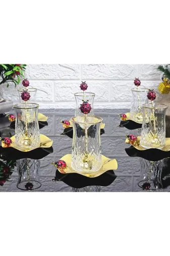 atabey home ALYAKİRAZLI Odin Gerçek Yaldiz Çay Seti 18 Parça Döküm Uğur Böcekli & Metal Tabakli Ve Çay Kaşikli Lüx Set