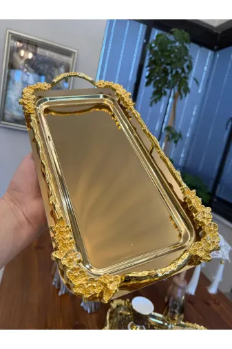 atabey home BATONÇELİKTEPSİLER 1 Adet Baton Japon Gülü Gold Sunum Tepsisi & Kahve & Pasta/börek Servis 32Cm