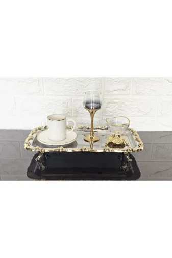 atabey home BATONÇELİKTEPSİLER 2'li Ayakli Sunum Tepsisi & Baton Pasta Servisi Çelik Tepsi Döküm Gold Çerçeve 32 Cm