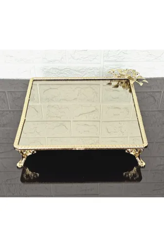 atabey home cercevelikareserisi Bronz Cam Büyük Kare Servis Tabaği 4 Ayak-Sunumluk-Söz Tepsisi-Sunum Tepsisi-Döküm Gold Çerçeve 27Cm