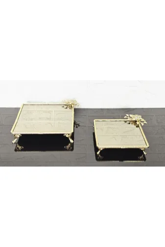 atabey home cercevelikareserisi Bronz Cam İkili Kare Servis Tabaği 4 Ayak-Sunumluk-Söz Tepsisi-Sunum Tepsisi-Döküm Gold Çerçeve