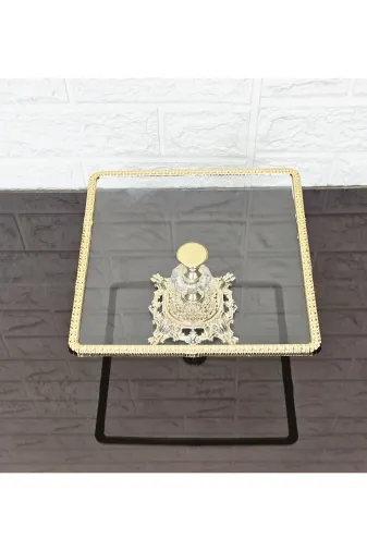 atabey home cercevelikareserisi Cam Küçük Kare Servis Tabaği-Sunumluk-Söz Tepsisi-Sunum Tepsisi-Döküm Gold Çerçeve 22Cm