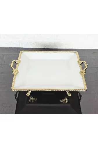 atabey home cercevelikareserisi Porselen Büyük Sade Kare Servis Tabaği-Sunumluk Döküm Gold Çerçeve Ve Küçük 4 Ayakli 27Cm