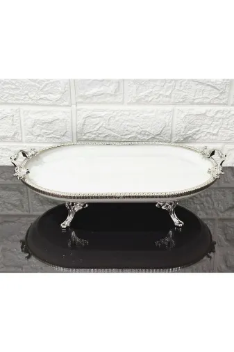 atabey home çerçevelikayıkserisi Porselen Büyük Sade Kayik Sunumluk Döküm Gümüş Çerçeveli 4 Ayakli 33 Cm