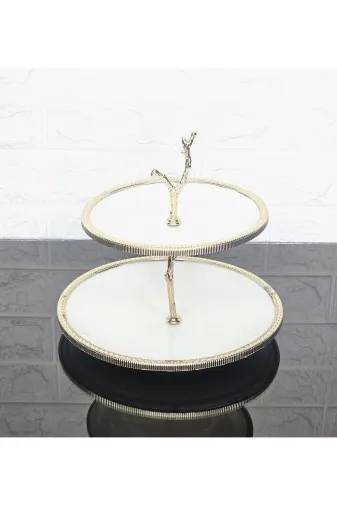 atabey home çerçevelikurabiyelik Porselen Yuvarlak Döküm Gold Çerçeveli 2 Katli Kurabiyelik Sade 25+19 Cm
