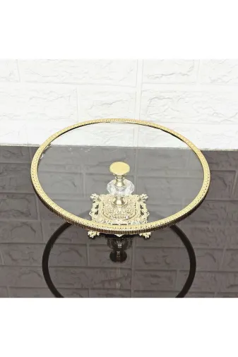 atabey home çerçeveliseriyuvarlak Cam Yuvarlak Büyük Servis Tabaği 25 Cm-Sunumluk Döküm Gold Çerçeve Ve Döküm Ayak