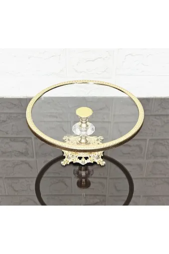 atabey home çerçeveliseriyuvarlak Cam Yuvarlak Küçük Servis Tabaği 20 Cm-Sunumluk Döküm Gold Çerçeve Ve Döküm Ayak