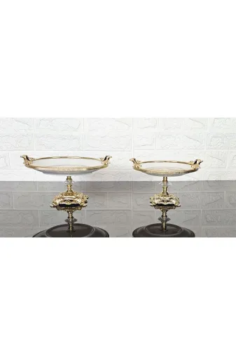 atabey home çerçeveliseriyuvarlak Porselen Sade Yuvarlak 2'li Servis Tabaği Srti-Sunumluk Döküm Gold Çerçeve Ve Döküm Ayakli 20+25Cm