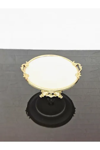 atabey home çerçeveliseriyuvarlak Porselen Sade Yuvarlak Küçük Servis Tabaği-Sunumluk Döküm Gold Çerçeve Ve Döküm Ayakli 20 Cm