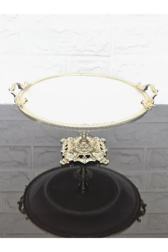 atabey home çerçeveliseriyuvarlak Porselen Sade Yuvarlak Servis Tabaği-Sunumluk Döküm Gold Çerçeve Ve Döküm Ayakli 25 Cm