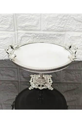 atabey home çerçeveliseriyuvarlak Porselen Yuvarlak Küçük Servis Tabaği-Sunumluk Döküm Gümüş Çerçeve Ve Ayakli 20 Cm