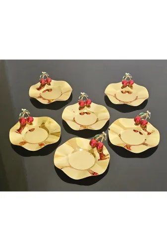 atabey home collection Güllü Altın 6'lı Metal 6'li Çay Tabaği Döküm Kirazli Altin
