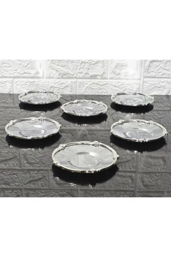 atabey home collection Güllü Altın 6'lı Metal 6'li Çay Tabaği & Döküm Gül Çerçeveli Gümüş-Gümüş 5.5 Cm İç Bardak Çapi - 12 Cm Genel Çap