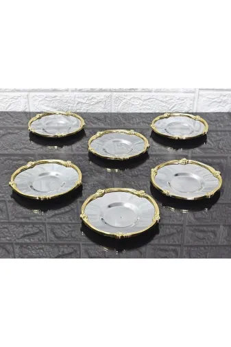 atabey home collection Güllü Altın 6'lı Metal 6'li Çay Tabaği & Döküm Gül Çerçeveli Gümüş-Gold 5.5 Cm İç Bardak Çapi - 12 Cm Genel Çap