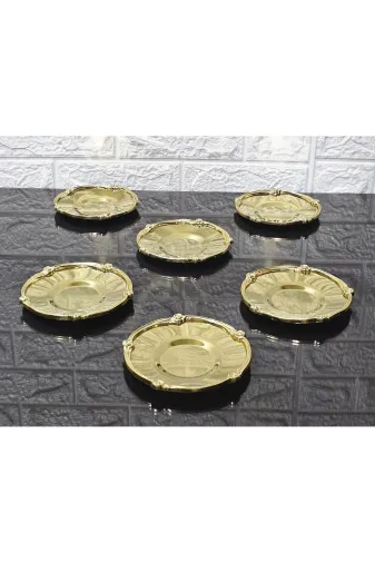 atabey home collection Güllü Altın 6'lı Metal 6'li Çay Tabaği & Döküm Gül Çerçeveli Gold-Gold 5.5 Cm İç Bardak Çapi - 12 Cm Genel Çap