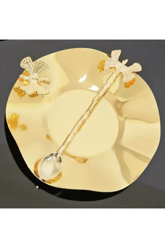 atabey home collection Güllü Altın 6'lı Metal 6'li Çay Tabaği Ve Kaşikli Döküm Kelebekli Lüks Tabak