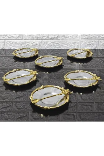 atabey home collection Güllü Altın 6'lı Metal 6'li Çay Tabaği & Döküm Gül Çerçeveli Ve Kaşikli 5.5 Cm İç Bardak Çapi
