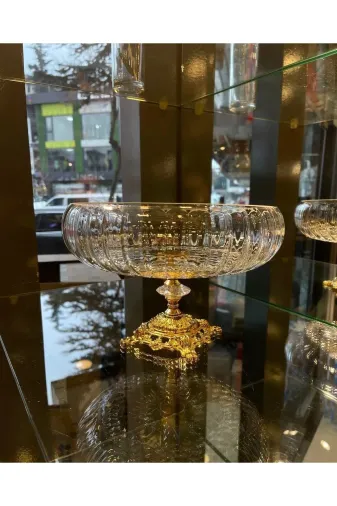 atabey home collection Kesmegold Lotus Kristal 24 Cm Kesme Dekor Gold Döküm Ayak Salata Kasesi Cam Sunumluk & Salata Kase
