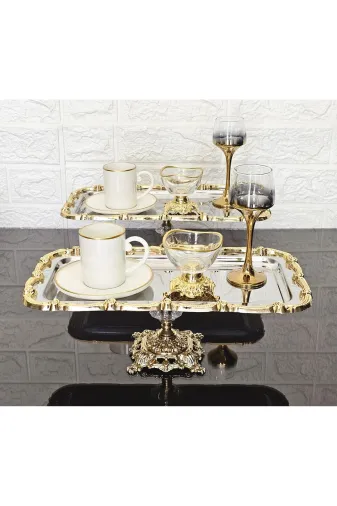 atabey home collection TYC2931DE6E1AC53F1 1 Adet Baton Gümüş Sunum Tepsisi Gold Gül Çerçeveli & Kahve & Çay Tepsisi 32Cm