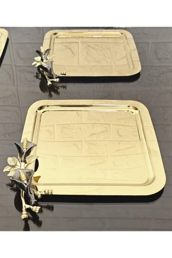 atabey home collection TYC2931DE6E1AC53F1 2 Adet Gold Kahve & Çay & Sunum Tepsisi Döküm Siyah Lale