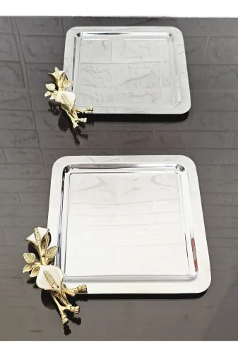 atabey home collection TYC2931DE6E1AC53F1 2 Adet Gümüş Kahve & Çay & Sunum Tepsisi Döküm Beyaz Lale