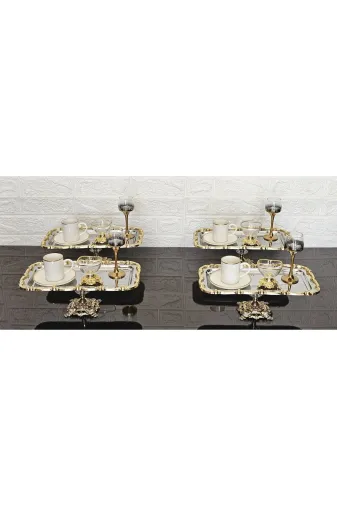 atabey home collection TYC2931DE6E1AC53F1 6 Adet Baton Gümüş Sunum Tepsisi Gold Gül Çerçeveli & Kahve & Çay Tepsisi 32Cm