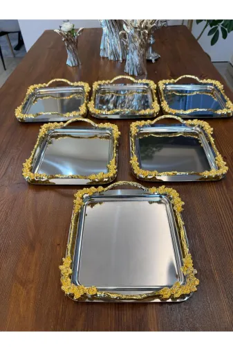 atabey home collection TYC2931DE6E1AC53F1 6 Adet Gümüş Sunum Tepsisi Gold Kulplu Japon Gülü & Kahve & Pasta/börek Servis 21 Cm