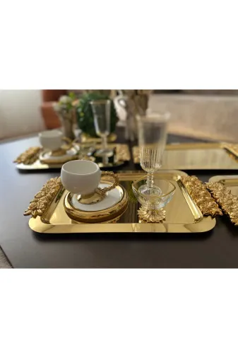 atabey home collection TYC2931DE6E1AC53F1 6 Adet Kahve & Çay & Sunum Tepsisi Uzun Gold Güllü Tepsi? 30 Cm
