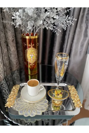 atabey home collection TYC2931DE6E1AC53F1 6'lı Kahve & Çay & Sunum Dikdörtgen Büyük Sunum Tepsisi Çelik Gül Model Gold 30 Cm3
