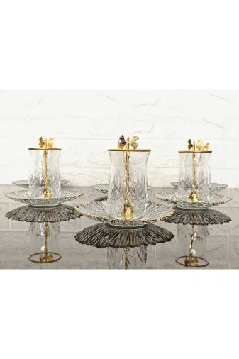 atabey home KAVEHTABAKLISET 18 Parça Çay Seti - 6 Bardak 6 Tabak 6 Kelebek Kaşik & Odin Çay Bardakli & Gold Detayli