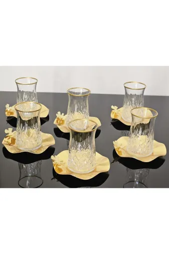 atabey home ODİNÇAYSET 6 Kişilik 12 Parça Gold Çay Seti Metal Tabakli Kelebek Detayli