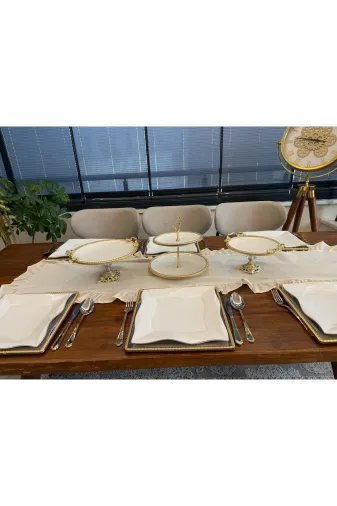 atabey home PORSELENYUVARLAK3LÜSET 3 Parça Yuvarlak Porselen Çeyiz Seti Döküm Çerçeveli-Ayakli-Kulplu & Sunum Seti Gold