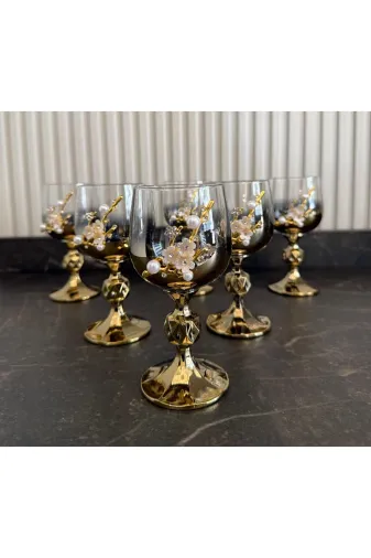 atabey home TİTANYUMBARDAKSERİSİ Bohemia Kristal Titanyum Gold İncili 6'li Flüt Su Bardak Sterna 135 Ml & Kahve Yani Su Bardaği
