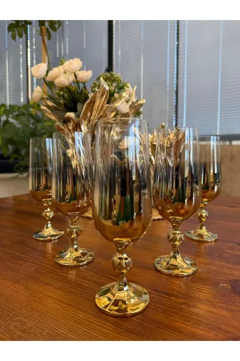 atabey home TİTANYUMBARDAKSERİSİ Bohemia Kristal Titanyum Gold 6'li Flüt Su Bardak Sterna 180 Ml & Kahve Yani Su Bardaği