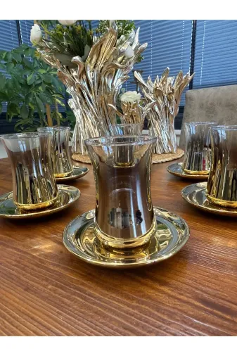 atabey home titanyumçayseti Titanyum Kaplama Duru Çay Seti 12 Parça-6 Bardak - 6 Tabak Çay Takimi