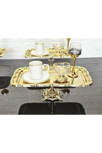 atabey home TYC2931DE6E1AC53F1 1 Adet Baton Gold Sunum Tepsisi Gold Gül Çerçeveli & Kahve & Pasta/börek Servis 32Cm