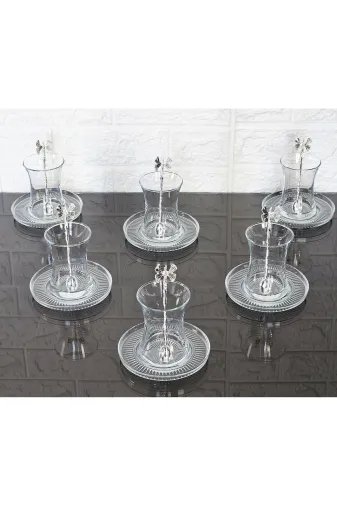 atabey home TYC910DC4BD459C4FC9506B00 18 Parça Çay Seti Gümüş Kelebek Çay Kaşikli 6 Bardak 6 Tabak 6 Kaşik