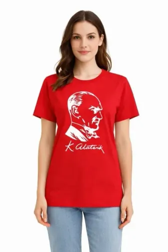 Atatürk Baskılı Tişört Kısa Kollu Bisiklet Yaka T-Shirt - Kırmızı - XL - Kırmızı