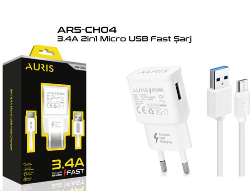 Auris Ars-Cho4 3.4A 2'si 1 Arada Mikro Usb Hızlı Şarj Cihazı