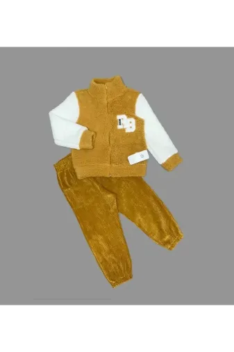 Avastyle Babyxml-1A47-DENİZCİK3344 1-2-3 Yaş Kuzu Kumaş Fermuarlı Sweat Kadife Pantolonlu Uzun Kollu Kız Erkek Çocuk 2Li Takım Hardal