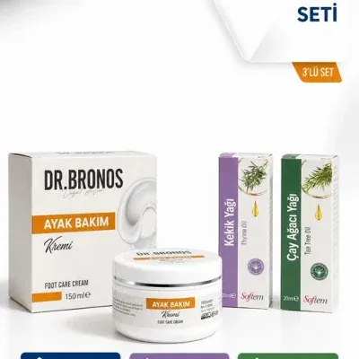 Ayak Bakım ve Nemlendirme Seti | DR.BRONOS Ayak Bakım Kremi 150 ml & Softem Kekik Yağı 20 ml & Softem Çay Ağacı Yağı 20 ml