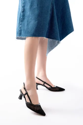 Aymood 137620aym K-607 Siyah Günlük Fileli Arkası Açık 7 Cm Topuklu Ayakkabı