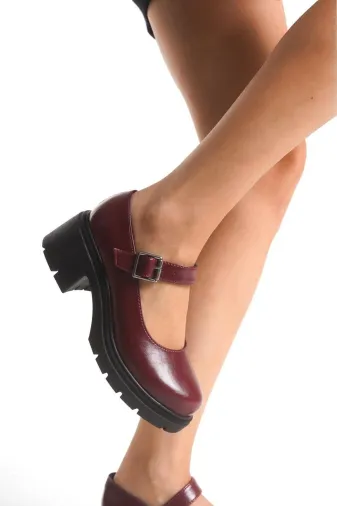 Aymood 151168aym K-708 Bordo Kırışık Rugan Tokalı Yüksek Tabanlı Loafer Ayakkabı