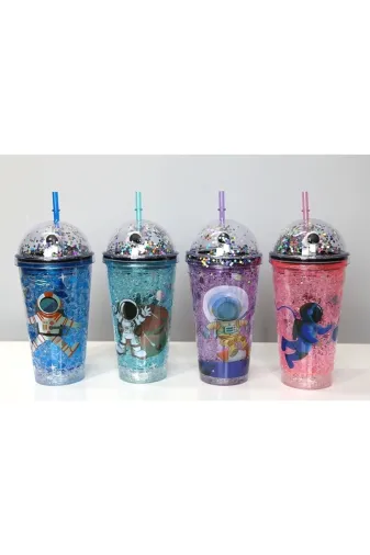 AyrStore Depot2iki-XDT1-KH4ALK3148-DPTml Sevimli Astronot Işıklı Pipetli Pullu Suluk & Bardak 400 Ml Alk3148