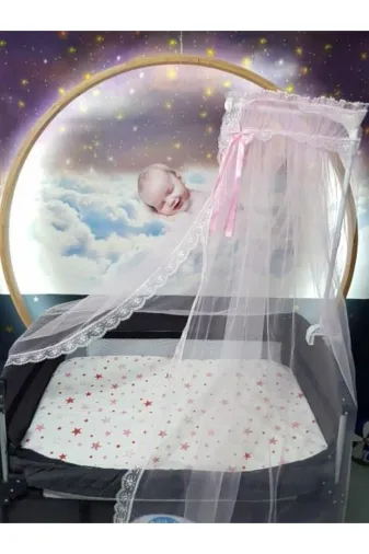 Baby Clime HAYALCİB Bebek Beşiği Cibinlik Takımı - Pembe Güpürlü Hayal Tül (Aparat Dahil)