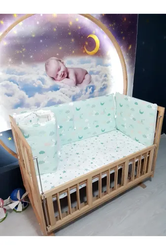 Baby Clime KOR-60120-1. 60X120 Bebek Beşik Korumalık 4 Parça - Yeşil Zemin Ay Yıldız Desen (Çarşaf Hariç)