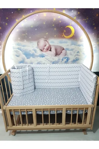 Baby Clime KOR-60120-1. 60X120 Beşik Için Yan Koruma 4 Parça - Gri Ince Zigzag Yıldız Desen (Çarşaf Hariç)